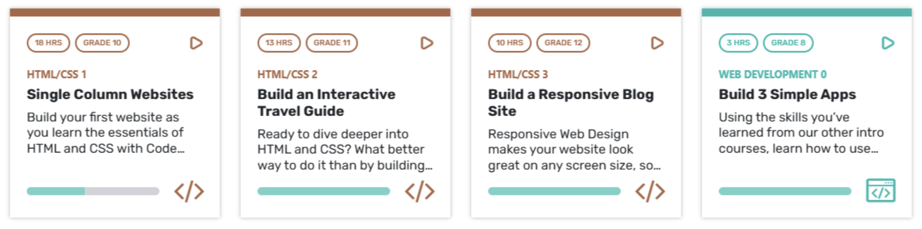 Some of the Code Avengers web development courses